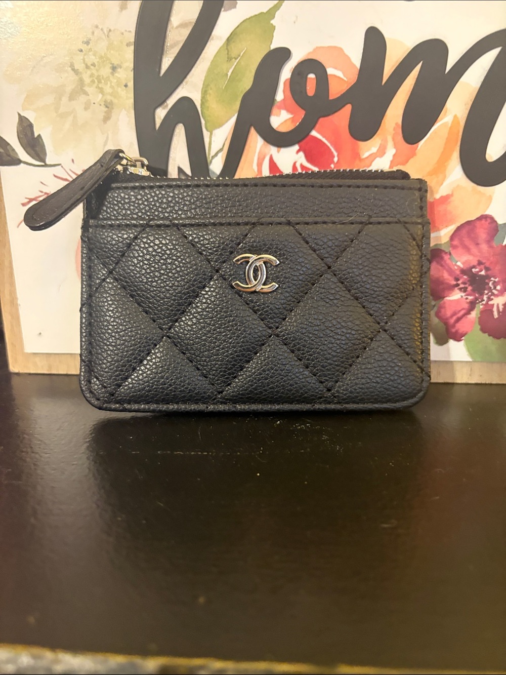 Not Authentic CHANEL  Black Quilted Caviar Leather Zip Card Holder with CC Logo